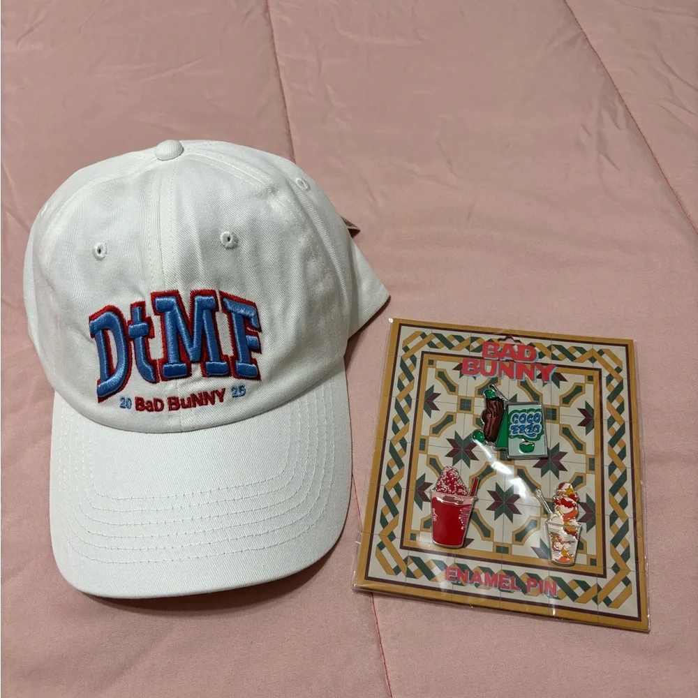 DTMF White Cap with Bad Bunny Enamel Pin Set